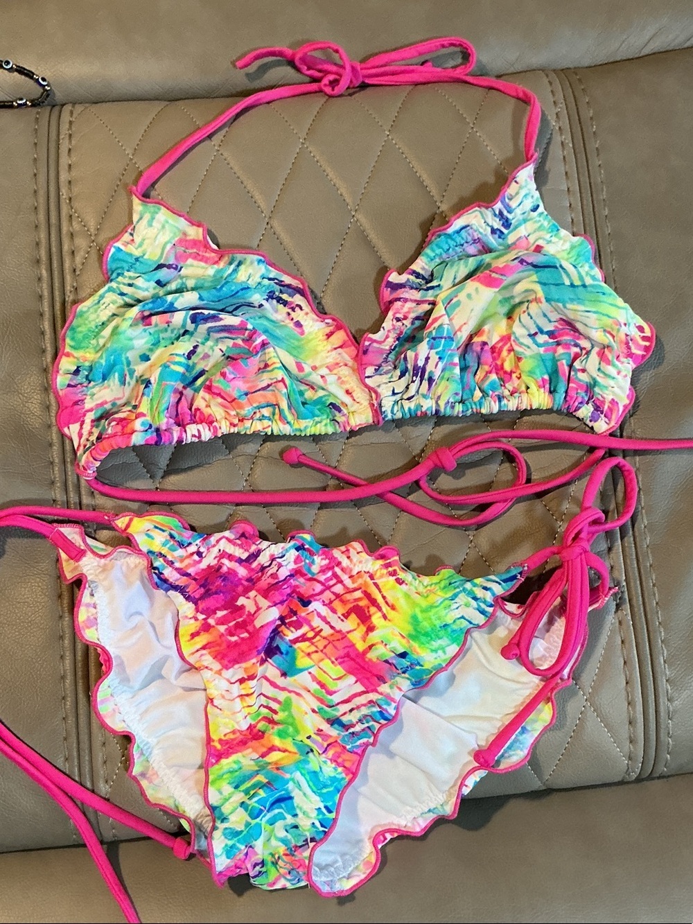 VENUS Multicolor Ruffled Bikini - Hot Pink Trim